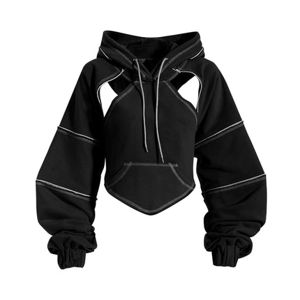 Y2k Gothic Womens HoodieTop HoodedSweatshirt Hollow Out Lace Up Long Sleeve HoddedCasualPullover Autumn