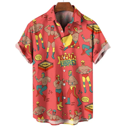 New Retro Men's Shirt 3d Mexican Wrestling Print Short Sleeve Shirt Fashion Man Clothing Loose Oversized Hawaiian Shirts for Men