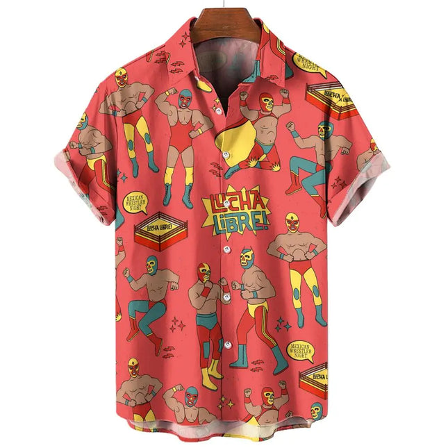 New Retro Men's Shirt 3d Mexican Wrestling Print Short Sleeve Shirt Fashion Man Clothing Loose Oversized Hawaiian Shirts for Men