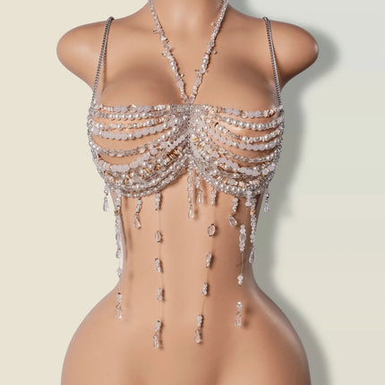 Women's Beading Vest Hollow Out Tops Body Beachwear Lingerie Harness Beaded Bralette Neck Bra Bustier Bra Women Club Rave