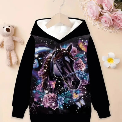 Cool Horse Girl Clothes Animals 3D Print Autumn Long Sleeve Hoodies Loose Lightweight Sweatshirt Comfortable Children's Clothing