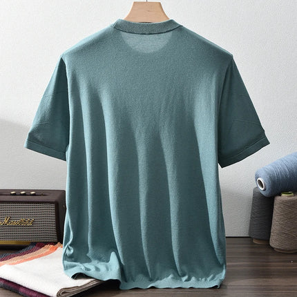 85% Silk + 15% Cashmere Men's T-shirt Casual Solid Color Knitted Pullover Short-Sleeved Round Neck Tees Basic Tops