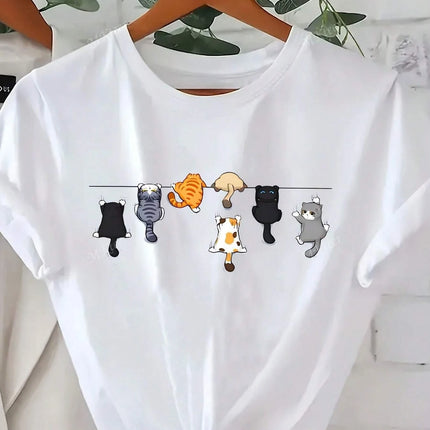 Women's Cute Cat Print Round Neck Short Sleeve Casual T-Shirt White Short Sleeve with Unique Cat Print Clothing Tee Female Tops
