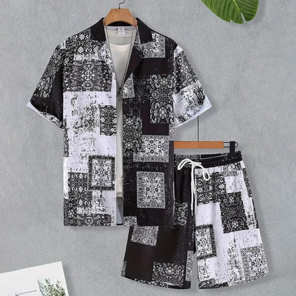 2024 New Men's Summer Holiday Suit Retro Textured Printed Border Shirt Short Sleeve Shorts Two Piece Men's Breathable Pool Suit
