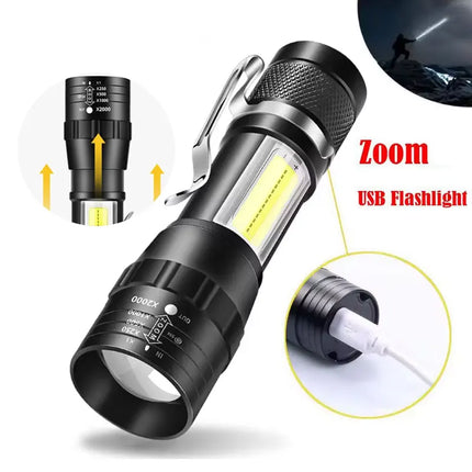 Portable LED+COB Rechargeable Compact Telescopic Zoom Tactical Flashlight With Clip Outdoor Emergency ABS Torch Waterproot