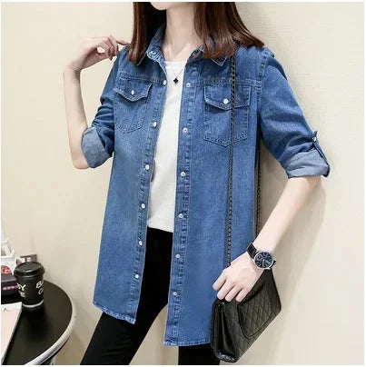 Slim Fit Mid-Length Long Sleeve Denim Shirt Women's Cotton Base Layer Shirt Autumn Winter Polo Collar Pocket Design Jeans Jacket