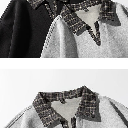 Retro Plaid Polo Neck Sweatshirt for Men and Women Heavyweight Cotton Soft Fake Two-Piece V-Neck Long Sleeve