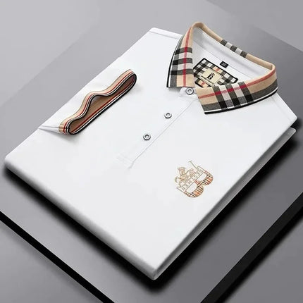 Luxury brand men's short-sleeved polo shirt, summer high-end fashion, plaid embroidery, lapel, casual T-shirt, breathable cotton top
