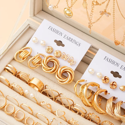 68 Pcs Boho Chic Jewelry Set Vintage Heart Pearl Zircon Butterfly Pendant Earrings Ring Necklace For Women Daily Wear Gifts 2024