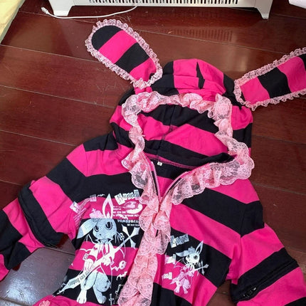 Japan Y2k Aesthetic Stripe Hoodies Women Vintage Lace Patchwork Rabbits Print Zipper Girls Sweatshirt Casual Harajuku Streetwear