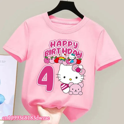 2026 New Hello Kitty Birthday Kids Short Sleeved Fashion Printed Boys and Girls Summer Clothes Short Sleeved Baby Cotton T-shirt