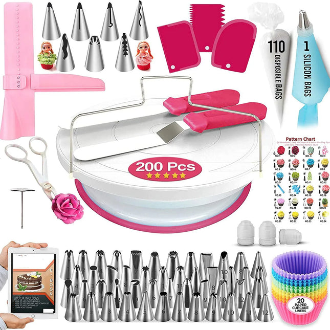 Cake Decorating Tools Kit, Rotating Cake Turntable, Stand Set, Spatula, Piping Tips, DIY Fondant, Pastry Baking Tool, 200Pcs