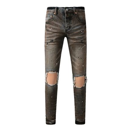 High Street Men's Jeans American Distressed Dark Black Coated Blank Stretch Skinny Button Fly Ripped Pants Trousers