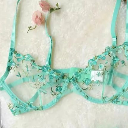 YUQI French Elegant Lingerie Set-Floral Embroidery Semi-Transparent Bra & Brief,Black Sensual Women's Underwear Luxury Intimates