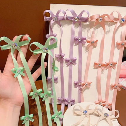 2PCS/Set Long Ribbon Bow Hair Clips for Girl Shiny Rhinestone Braided Hairband Sweet Baby Tassel Headdress Kids Hair Accessories