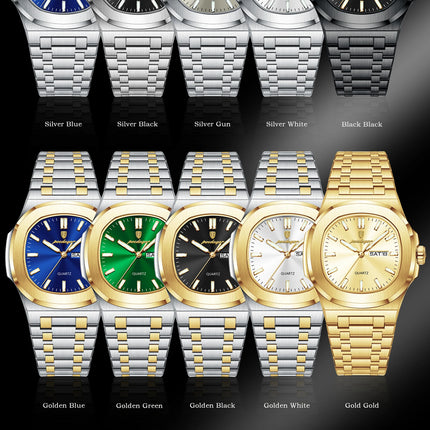 POEDAGAR Luxury Military Man Watch Square Waterproof Luminous Date Week Men Watch Stainless Steel Quartz Men's Watches Reloj+box