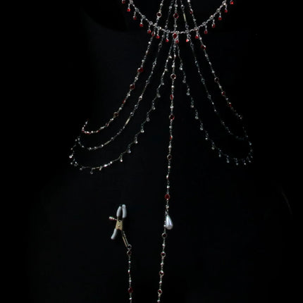 Red Tassel Gem Nipple Clamps Erotic Collar Body Chain Chest Restraint BDSM Women's Sexy Body Accessories Fetish Adult Sex Toys