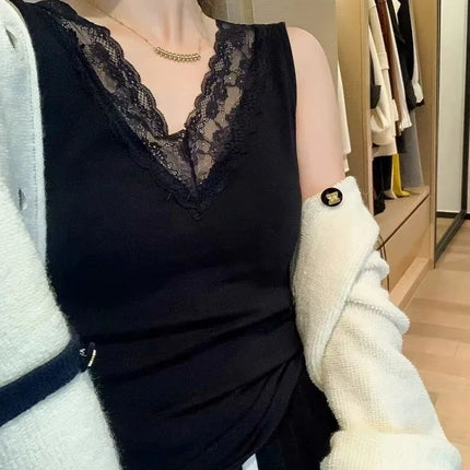 Spring Autumn Women's Slim Fit Lace Trim V-Neck Strap Vest Top Slim Inner Wear Base Layer Sweet Style Elastic Fiber