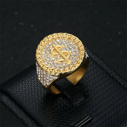 Hip Hop Iced Out Bling Dollar Signs Ring Male Gold Color Stainless Steel Rapper Big Round Money Rings For Men Party Jewelry Gift