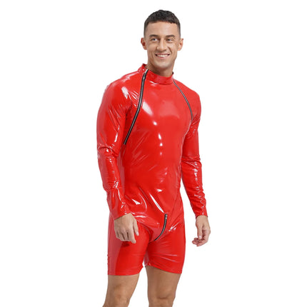 Mens Lingerie Zipper Crotch Long Sleeve Jumpsuit Wet Look Patent Leather Bodysuit Clubwear Pole Dance Performance Rave Costume