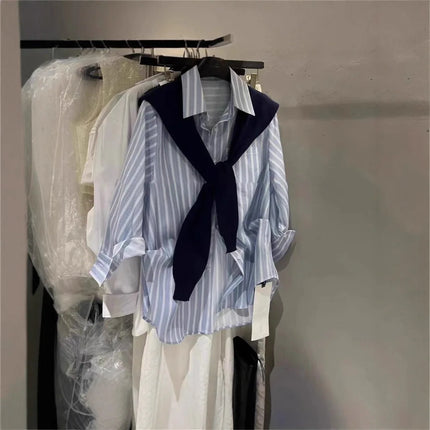 Blue Loose College Style Striped Shirt plus Shawl Two-Piece Set Women Spring Autumn New Versatile High-End Feeling Top