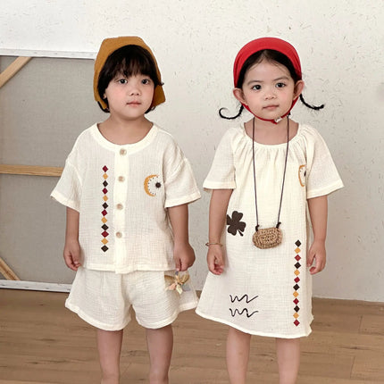 RAISE 2026 Summer Siblings Attires Children Pure Cotton Pajamas Set Kids Boys Tees+shorts Homewear Suit Kids Girls Print Dress