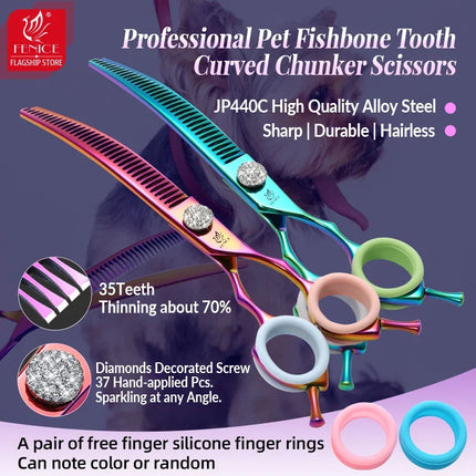 Fenice 7.25 Inch Professional Diamonds Screw Curved Chunker Scissors Pet Grooming Shears JP440C Thinner Shears for Dogs