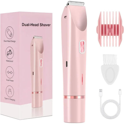 Bikini Trimmer for Women, 2-in-1 Electric Razor with Dual Heads, IPX7 Waterproof Wet/Dry Body Groomer for Bikini Line, Underarms, Legs & Face, Rechargeable Cordless Shaver