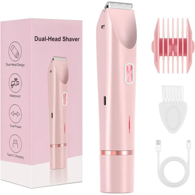 Bikini Trimmer for Women, 2-in-1 Electric Razor with Dual Heads, IPX7 Waterproof Wet/Dry Body Groomer for Bikini Line, Underarms, Legs & Face, Rechargeable Cordless Shaver