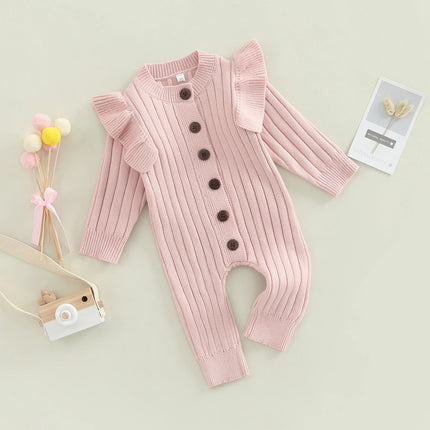New  Winter Baby Girl’s Knitted Long Sleeve Sweater Jumpsuit Fashion Solid Color Round Neck Ruffles Button Warm Romper Outfits