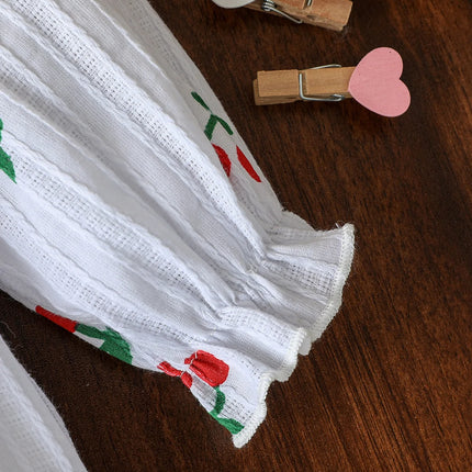 2Pcs Spring&AutumToddler Baby Girls Fly Sleeve Rompers Infant Cherry Embroidery Bodysuits Cotton Jumpsuits 0-18 M +Headband