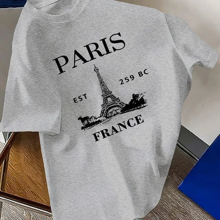Men's summer 100% cotton retro style Paris Eiffel Tower print fashionable casual sports loose round neck short sleeved T-shirt