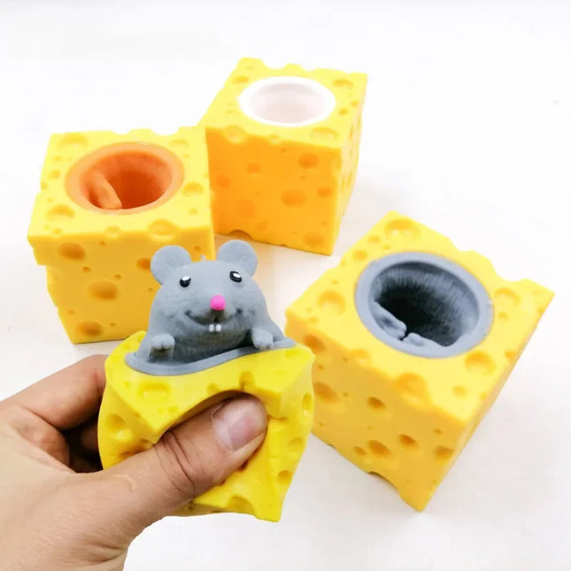2pcs Pop Up Funny Mouse and Cheese Block Squeeze Anti-stress Toy Hide and Seek Figures Stress Relief Fidget Toys for Kids Adult