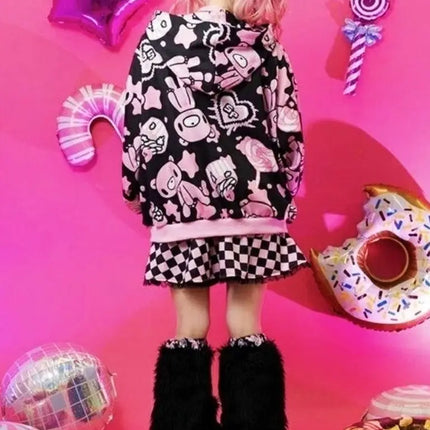 Harajuku Style Violent Bear Hoodie Sweatshirt Streetwear Loose Fit Long Sleeve Cartoon Anime Print Cutesy Boring Sweet Cool