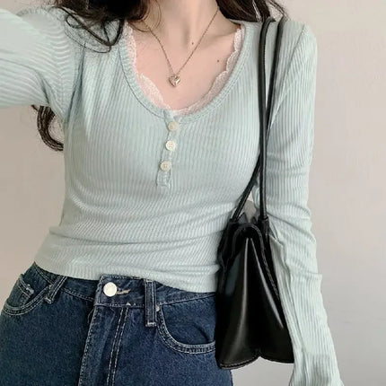 Women's T-Shirts Long Sleeve Slim Lace Button Kawaii T-shirts Female Y2k Tops Casual Tees Pullovers 2024 Spring New Woman Clothing