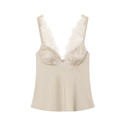 HH Elegant Women's Lace Splice Sexy Satin Sling Top 2026 Spring Summer Fashion Female V-Neck Backless Slimming Underwear Vest