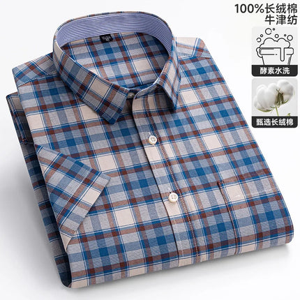 New 100% Cotton Oxford Men's Shirts Short Sleeve Plaid Soft Regular Fit Formal Dress Shirt Social Blouse Male Clothes 6XL 7XL