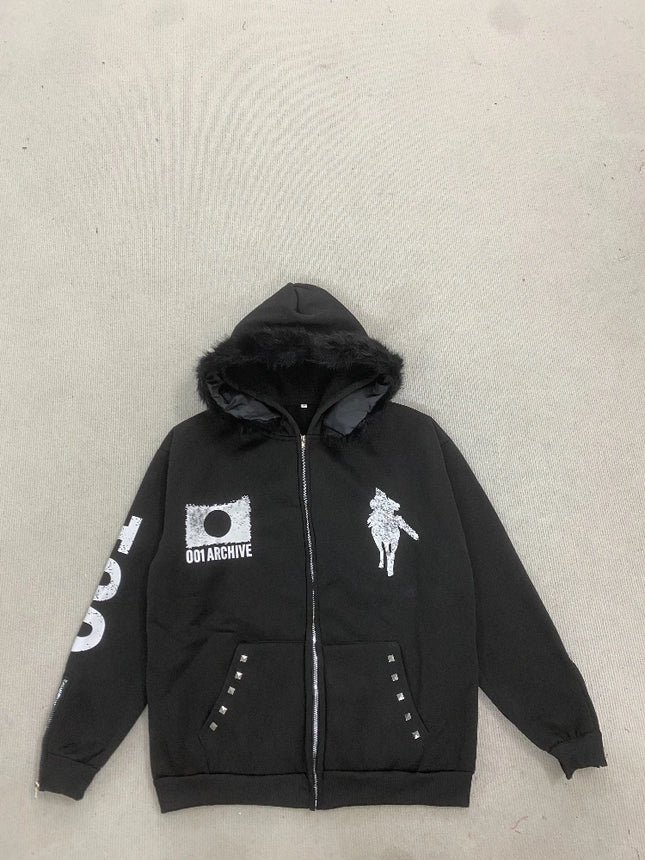 Y2K Japanese Harajuku streetwear European youth rivet fashion wool pullover men's urban casual hooded hip-hop printed sweatshirt
