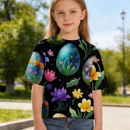 Children's Bunny Easter T-Shirt Fashion Short Sleeve Round Neck Regular Top Holiday Cute Rabbits Eggs Print Summer Girls Clothes