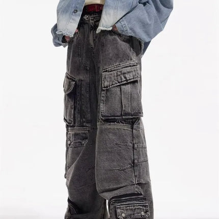 2025 Cyber Y2K Streetwear Washed Grey Baggy Cargo Jeans Pants For Men 90S Vintage Clothes Wide Leg Zipper Gothic Denim Trousers