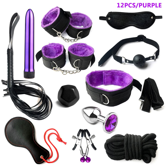 BDSM Sex Kits BDSM Bondage Adults Sex Toys for Women Men Handcuffs Nipple Clamps Whip Spanking Sex Metal Anal Plug Vibrator Butt