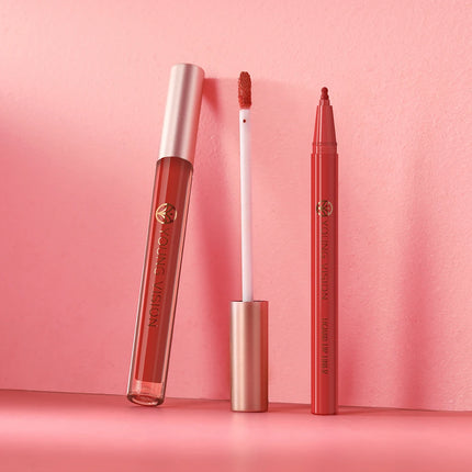YOUNG VISION Lip Glaze + Lip Liner set liquid Lip Liner Waterproof non-stick cup Moisturizing easy color 12 color lip gloss