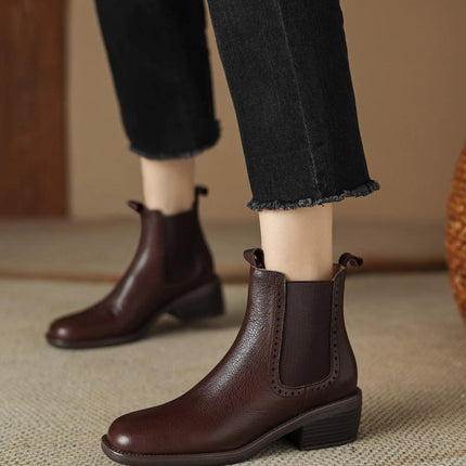Krazing Pot Big Size 34-43 Cow Leather Round Toe High Heels Retro Modern Chelsea Boots Warm Winter Shoes Motorcycles Ankle Boots