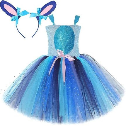 Sparkly Blue Monster Stich Costumes for Baby Girls Alien Cartoon Animal Fancy Tutu Dress Kids Halloween Outfit with Ears Hairbow