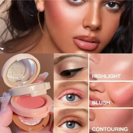 3 In 1 Blush Highlighter Palette Three-Layer All-In-One Powder Palette Pearly Blush Shiny Pearlescent