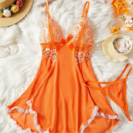 Summer Orange Lace Mesh Contrasting Dress Underwear With Thongs Night Costumes