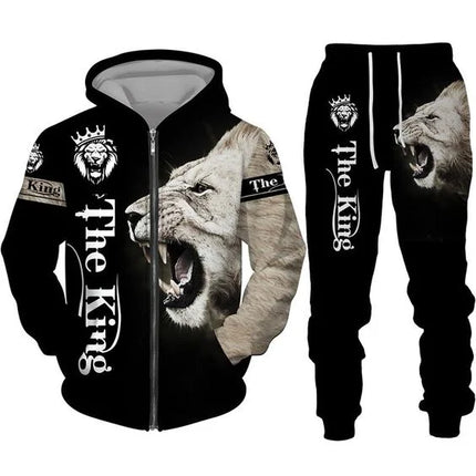 Men's Zip Hoodie Tracksuit Full Hoodies Set Lion Graphic Zipper 2 Piece Hooded Sports Outdoor Casual Sports 3D Print Streetwear