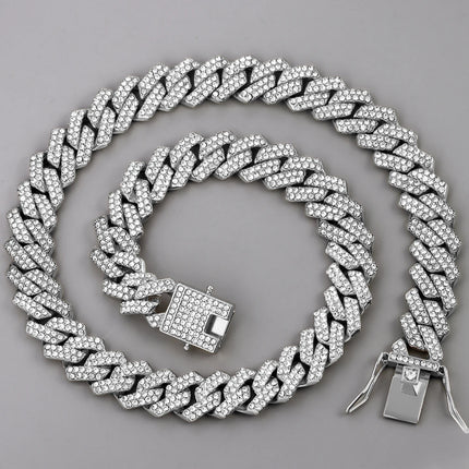 14mm Iced Out  Prong Cuban Link Chain Necklace for Men Women 2 Row Rhinestone Paved Miami Rhombus Hip Hop Jewelry Wholesale