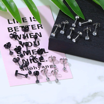 3-8mm Small Black Silver Color Earrings Stone CZ Crystal Ear Studs Surgical Steel Cubic Zirconia Helix Earring Women Accessories