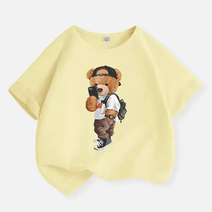 Children's Cool Bear Cartoon T-Shirt, Print Cotton T Shirts, Kids Clothes, Summer Fashion, New, 2026